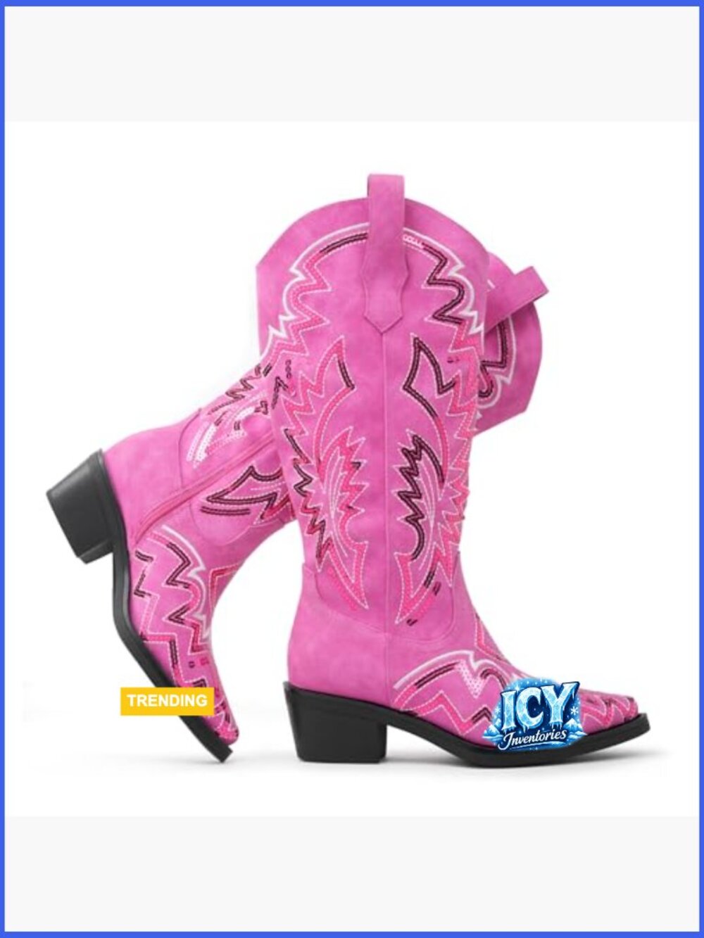 Sequin Embroidered Mid Calf Western Cowboy Boots Chunky Block Heel Pointed Toe - Picture 5 of 7